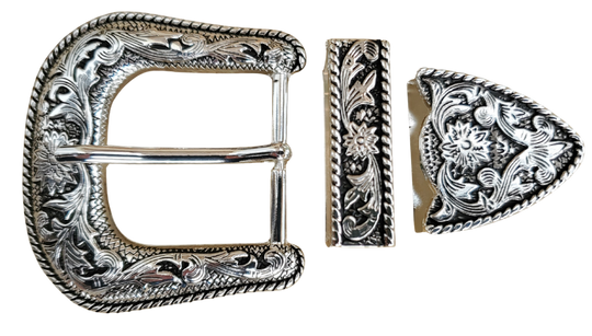 Fits 1 1/2" width belts
Western scroll design
Zinc die cast set, Antiqued silver plate

Sold by set only, Tip includes 2 set screws for attaching to belt
Stocked at our Smyrna, TN shop