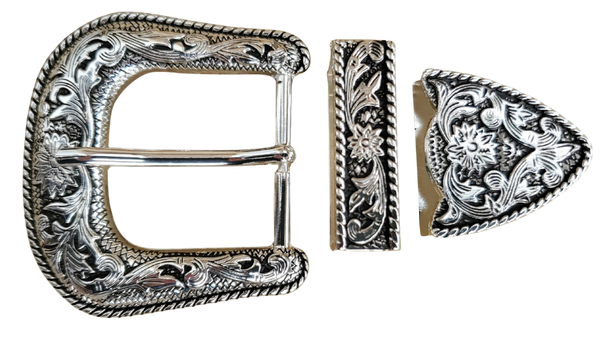 Vintage Diablo Hand-Engraved Floral & Plumes Sterling Silver Overlay Belt Buckle Vintage Diablo Sterling Silver Floral Engraved Belt Buckle  main image 3