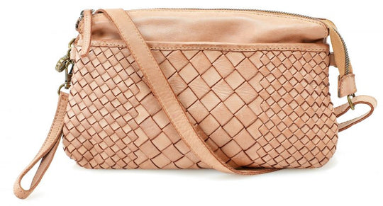 The Eve is made from soft tumbled leather and has a Woven front. The back side has a zippered pocket that will hold most smaller phone sized items. The main open inside pocket has one zippered pocket, 2 open top pockets 4 card size slots and one more smaller pocket next to to the cards. May be carried with the Wrist loop or as a Crossbody style with the included strap. The liner is a cotton fabric. Available now at our store in Smyrna, TN!

Measurements: 10" x 1" x 6"