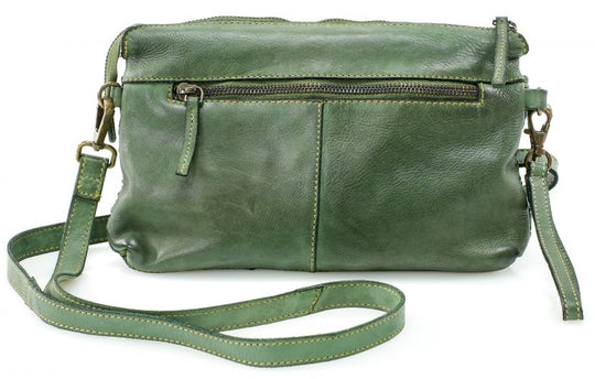 The Eve is made from soft tumbled leather and has a Woven front. The back side has a zippered pocket that will hold most smaller phone sized items. The main open inside pocket has one zippered pocket, 2 open top pockets 4 card size slots and one more smaller pocket next to to the cards. May be carried with the Wrist loop or as a Crossbody style with the included strap. The liner is a cotton fabric. Available now at our store in Smyrna, TN!

Measurements: 10" x 1" x 6"