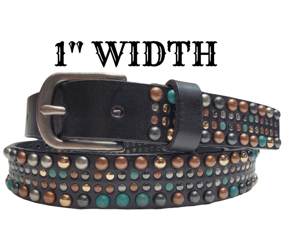 This 1" width belt, made of leather, features a perfect balance of copper, turquoise, old silver colored rivets to elevate any outfit. It's versatile enough to pair with jeans or dress up a dress with it's antique silver buckle. Find it at our store in Smyrna, TN, located near the iconic downtown Nashville. Imported.