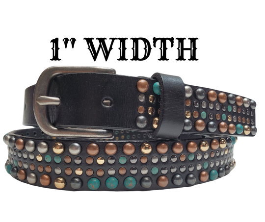 This 1" width belt, made of leather, features a perfect balance of copper, turquoise, old silver colored rivets to elevate any outfit. It's versatile enough to pair with jeans or dress up a dress with it's antique silver buckle. Find it at our store in Smyrna, TN, located near the iconic downtown Nashville. Imported.