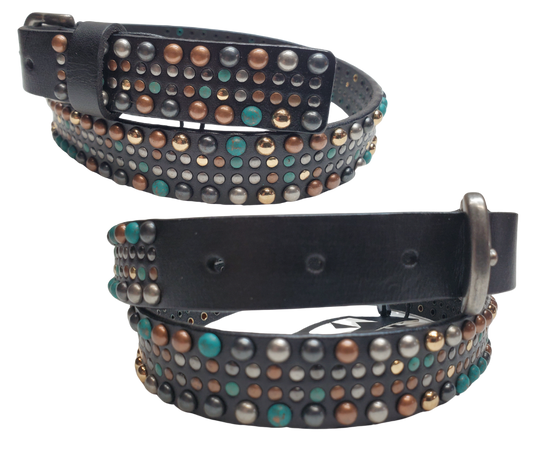This 1" width belt, made of leather, features a perfect balance of copper, turquoise, old silver colored rivets to elevate any outfit. It's versatile enough to pair with jeans or dress up a dress with it's antique silver buckle. Find it at our store in Smyrna, TN, located near the iconic downtown Nashville. Imported.