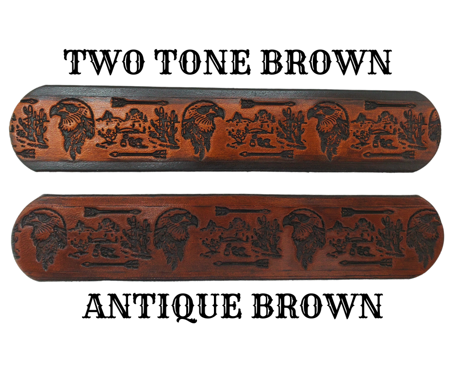 We are fond of the Southwest and it shows with The "Desert Arrows" Name Belt. Each belt features a unique hand-stained strip of vegetable tanned leather in a popular 1 1/2" width. The antique nickel finish solid brass buckle can be effortlessly swapped out. Crafted by hand at our Smyrna, Tennessee shop, just a stone's throw away from Nashville.