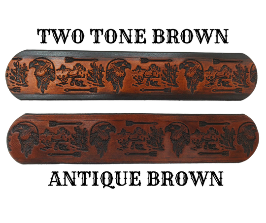 We are fond of the Southwest and it shows with The "Desert Arrows" Name Belt. Each belt features a unique hand-stained strip of vegetable tanned leather in a popular 1 1/2" width. The antique nickel finish solid brass buckle can be effortlessly swapped out. Crafted by hand at our Smyrna, Tennessee shop, just a stone's throw away from Nashville.