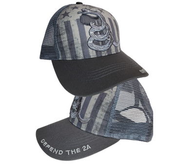 Make a bold statement of freedom - the fascinating Defend the 2A cap, featuring a design composed of the gray, black, and classic American flag/Gadsen snake. Pick up your own at our Smyrna shop - just a short 20 minute drive from Nashville.   Color: Gray/Black   Embroidered DesignTopstitching Detail    Adjustable Closure  One Size Fits Most