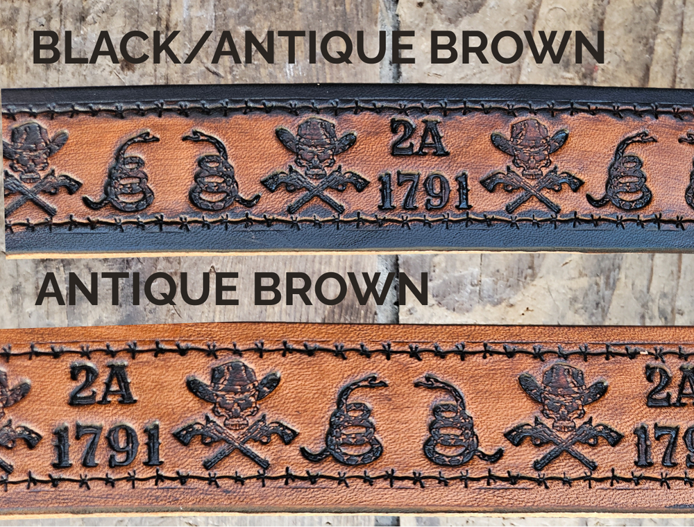 Personalized 2A 1791 Western leather belt with cowboy skulls and coiled snakes with custom name.