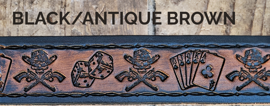 Personalized 2A 1791 Western leather belt with cowboy skulls and coiled snakes with custom name.