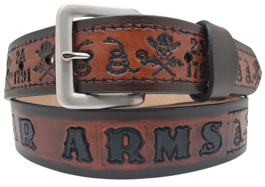 Personalized 2A 1791 Western leather belt with cowboy skulls and coiled snakes with custom name.
