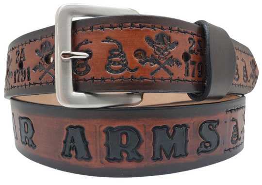 Personalized 2A 1791 Western leather belt with cowboy skulls and coiled snakes with custom name.