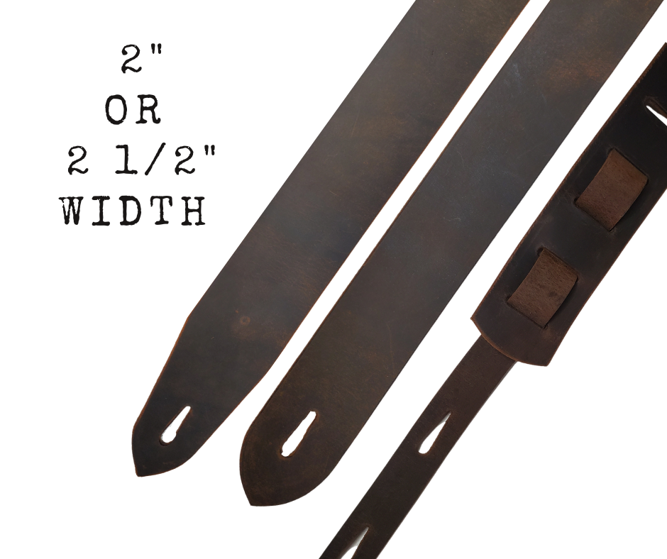 Lower Broadway where so many get their start in the Nashville! Long shifts where you hone your craft and meet players from all backgrounds. "This Basic 2" or 2 1/2" wide  Distressed Brown Guitar Strap is a nod to those playing in the Honky Tonks. The strap is approx. 1/8" thick Water Buffalo that will after a few gigs will look like your favorite old boots. The classic adjustment style goes from approx. 42" to 56". Made just outside Nashville in our Smyrna, TN. shop. 