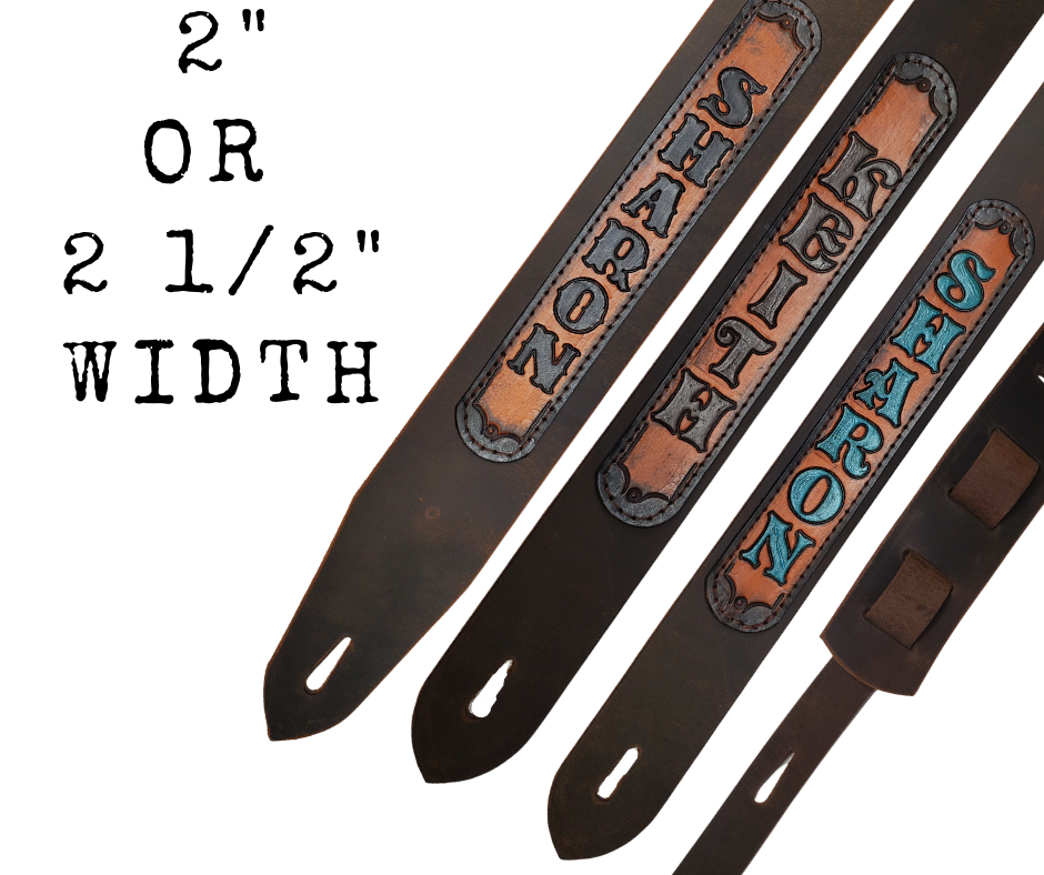Acoustic Guitars, Great Songs,Great Musicians and Lyrics have been staple for years in Country music!  "This 2" or 2 1/2" wide Guitar Strap is a nod to that classic influence. The main Body of the strap is approx. 1/8" thick Distressed Brown Leather Strap with a CUSTOMIZABLE LEATHER NAME PATCH. The classic adjustment style goes from approx. 42" to 56" at it's longest . Made just outside Nashville in our Smyrna, TN. shop.