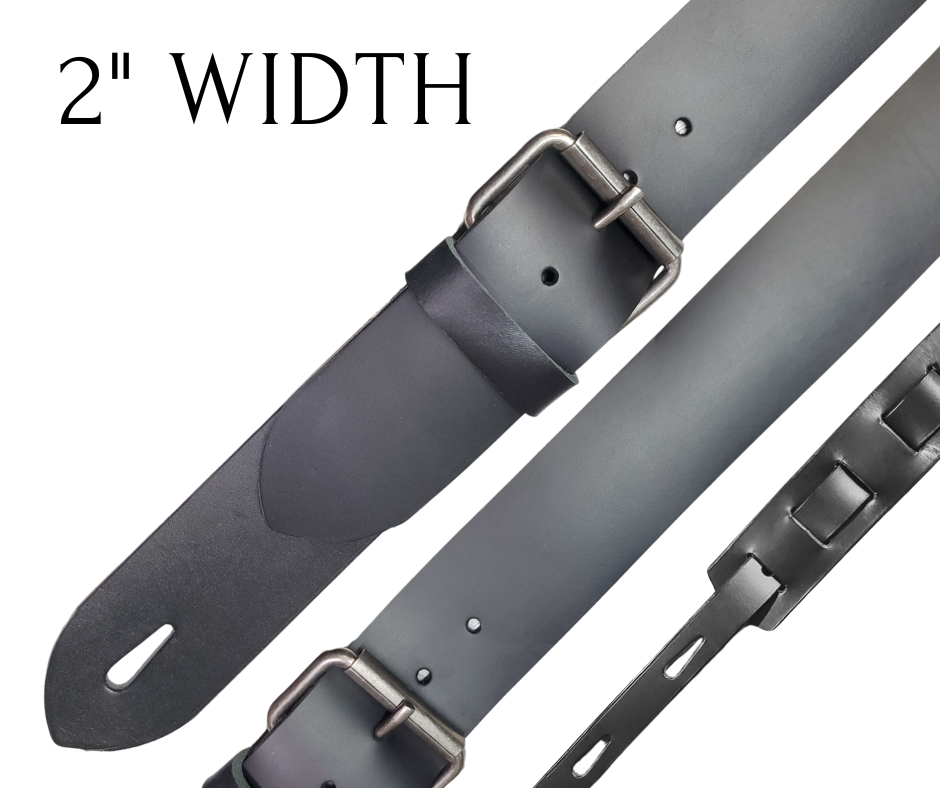 Bang you head with the Thrasher Leather Strap. The 2" width will support your Les Paul or your Strat with ease while your Rockin' out! Not a wimpy thin strap like at GC. This Strap is approx. 1/8" thick cowhide Leather with a heavy duty Roller style buckle. Made at our Smyrna, TN shop not far from the Basement or your favorite Rock hang!