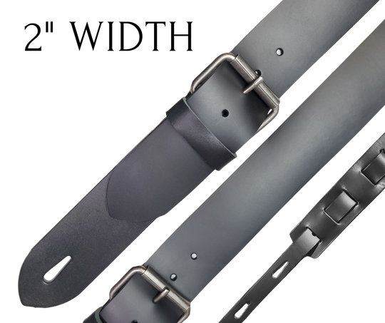 Bang you head with the Thrasher Leather Strap. The 2" width will support your Les Paul or your Strat with ease while your Rockin' out! Not a wimpy thin strap like at GC. This Strap is approx. 1/8" thick cowhide Leather with a heavy duty Roller style buckle. Made at our Smyrna, TN shop not far from the Basement or your favorite Rock hang!