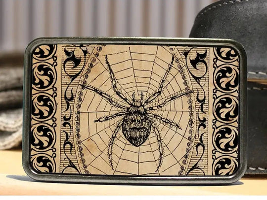 The Spider is one of most unique belt buckles that are completely metal (image area too) and are made to be durable and lasting! Lots of details in the image and slightly smaller than most of our buckle selection. Available at our Smyrna, TN shop a short ride from downtown Nashville.

Belt Buckle Measures: -3"x2"
Fits any snap belt up to 1 1/2"
Listing is for the belt buckle only &amp; does not include a belt strap.