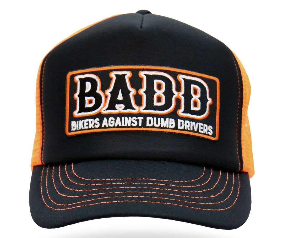 Front view - BADD Bikers Against Dumb Drivers" snap back trucker hats are made from high quality 5 panel construction. Each one is adjustable with a plastic snap closure and a curved bill featuring an original let everyone know how proud you are to be a biker! Available at our Smyrna, TN shop not far from Bumpus HD in Murfreesboro.