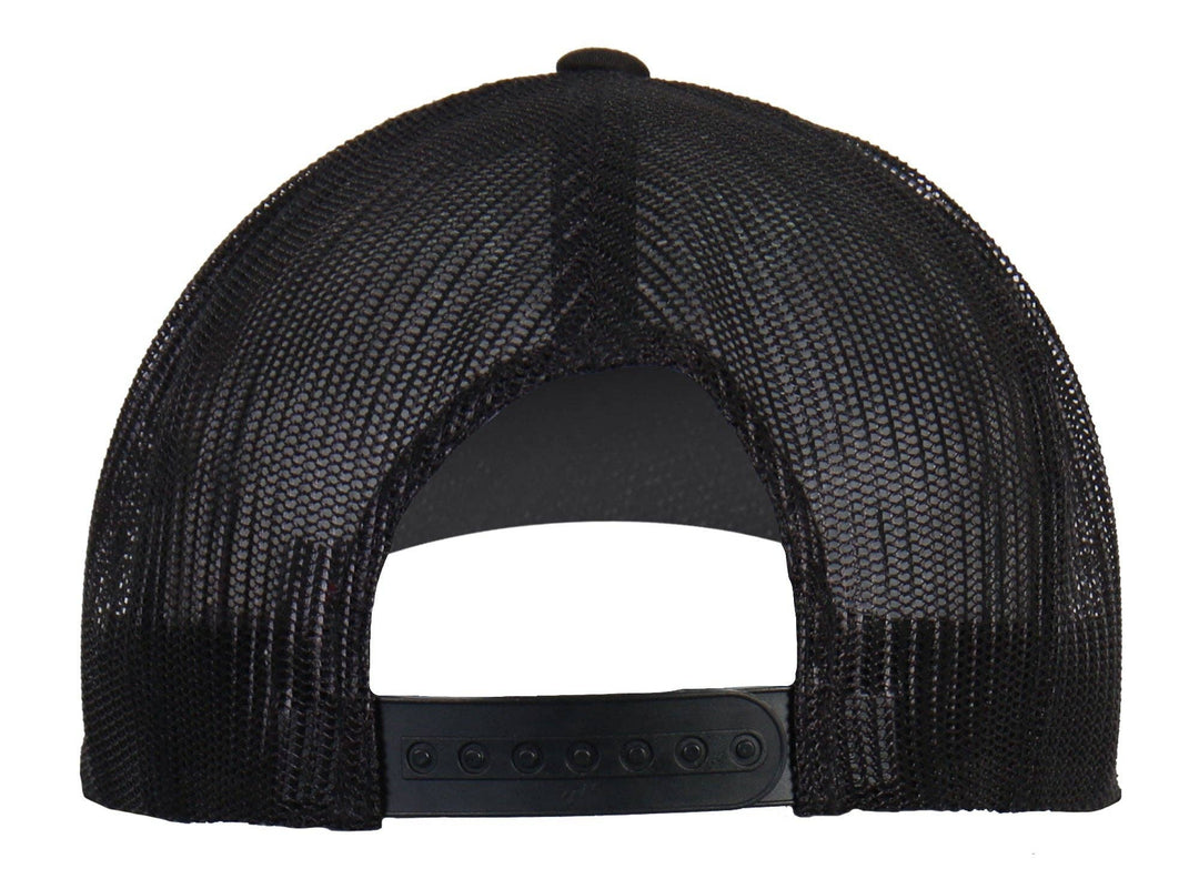 Back view - Loyal Until Death Patch flat bill Snap Back Hat. Its a cotton/polyester blend helps the hat hold its shape for long time use. Otto Brand mesh style back hat with a plastic adjustable tab. Ride to our Smyrna, TN shop not far from Murfreesboro.