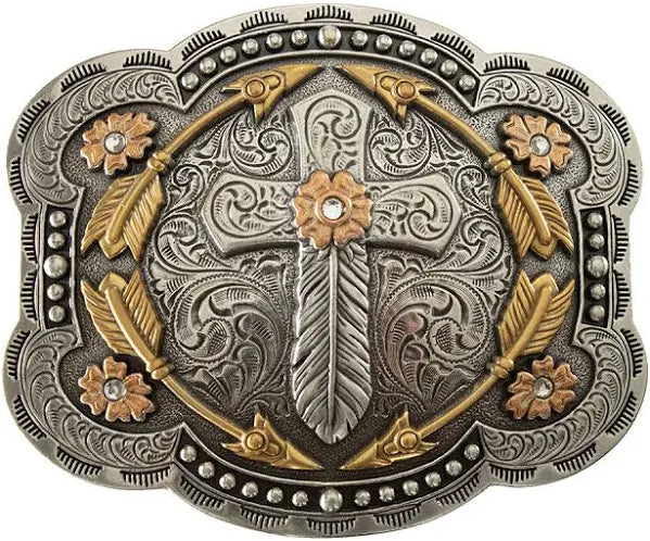 Add a touch of Western charm to your wardrobe with the "Feathered Cross" Belt Buckle. Featuring a beautiful combination of a Crossed Feather, brass Arrows, and 5 Clear Rhinestones centering Rose colored florets. Outlined in a broken boarder of beaded metal, this all-over engraved, antique silver buckle measures 3" tall by 4" wide and is perfect for Cowboy Church. Whether you visit our retail store in Smyrna, TN or shop online, don't miss the chance to add this unique piece to your collection. Imported.