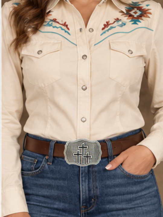 Pewter belt buckle with 3 black epoxy inlayed crosses. May be easily attached to your belt.  It has a Western style rectangular shape with 3 crosses in the center of the buckle. USA made Fits 1 1/2" belts Black epoxy inlay Size 3-1/2" x 2-3/4"  