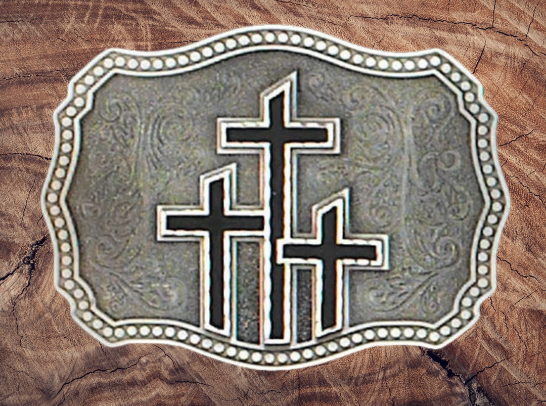 Pewter belt buckle with 3 black epoxy inlayed crosses. May be easily attached to your belt.  It has a Western style rectangular shape with 3 crosses in the center of the buckle. USA made Fits 1 1/2" belts Black epoxy inlay Size 3-1/2" x 2-3/4"  