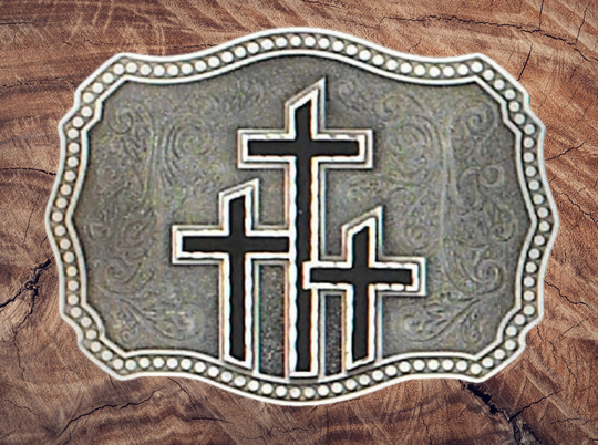 Pewter belt buckle with 3 black epoxy inlayed crosses. May be easily attached to your belt.  It has a Western style rectangular shape with 3 crosses in the center of the buckle. USA made Fits 1 1/2" belts Black epoxy inlay Size 3-1/2" x 2-3/4"  