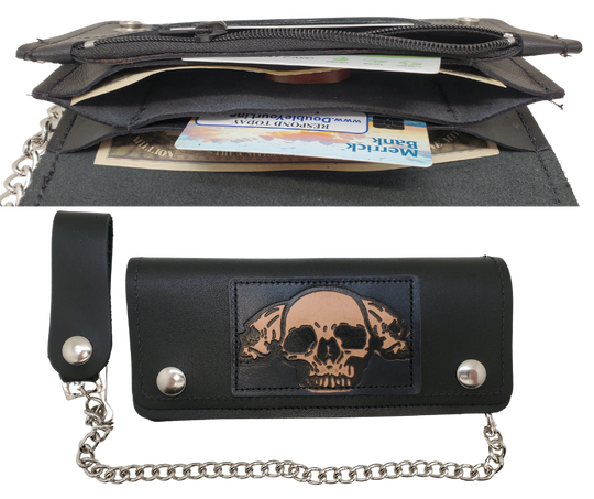 3 Skulls pattern all leather patch on a Classic Style Chain Wallet, great for the Modern minimalist. One credit card slot in the front with 2 main cash or whatever your STUFF is....5 year old receipts, concert stub from high school, the stuff you forgot was in there! Available in our Smyrna, TN shop a short drive from downtown Nashville. Like most wallets with over stuffing will limit the time of use. 
