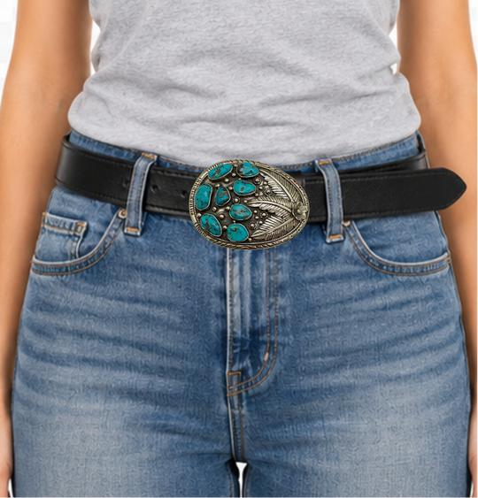 The Navajo influenced Turquoise Sky belt buckle&amp;nbsp; It is crafted from white metal with turquoise and flowers on it and no 2 are alike because of the unique stones in each buckle. The measurement is approx. 3"x 4" and will fit up to 1 1 /2" belts. Ride on to our Smyrna, TN shop and check&