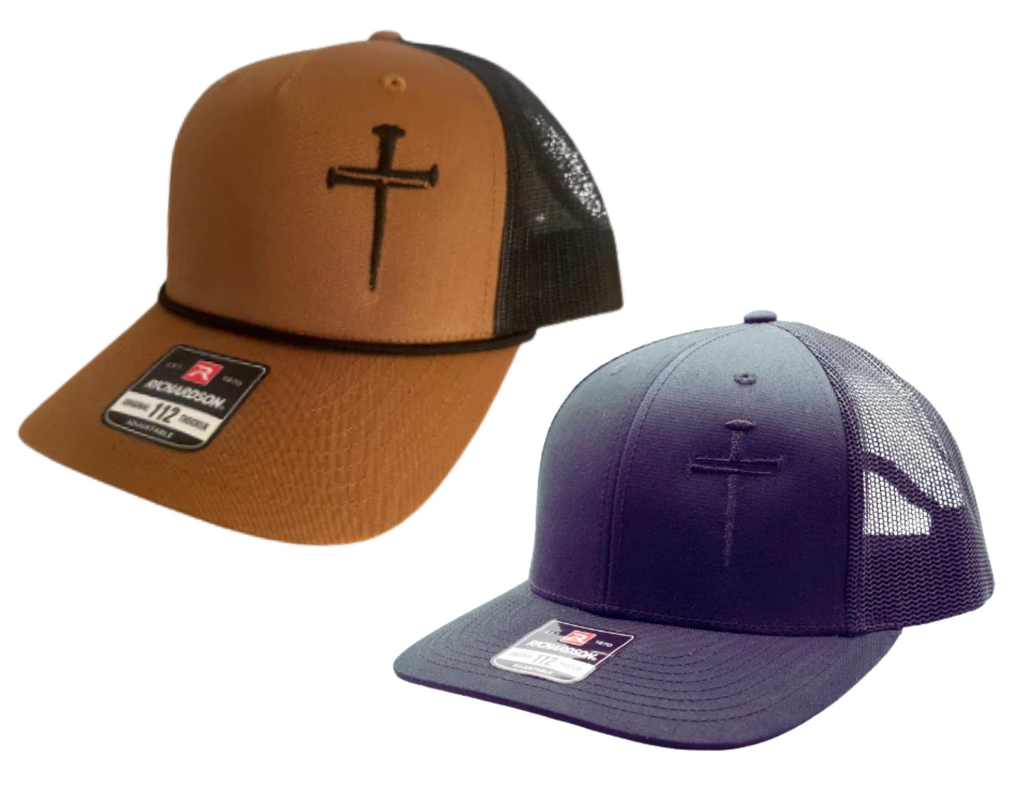 Our 3 Nail Cross Cap is a quality structured 5 panel trucker hat and has a Black Mesh back with snap back adjustment. Start a conversation about the 3 Nails and the Cross. Now part our shop in Smyrna, TN. Were not far from Murfreesboro.

Choose Brown or Black front