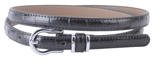 Add a polished finish to any look with this skinny embossed Croco belt with a silver equestrian-style buckle. Designed for versatility, this belt adds a touch of sophistication to jeans, dresses, and tailored pieces alike. Slim and structured, it’s a go-to accessory for boutique collections seeking an elevated and preppy classic. Available now at our Smyrna, TN location near Murfreesboro. Imported