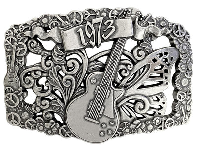 We named this after The 1973 concert featuring The Grateful Dead, Allman Brothers, & The Band: and a HUGE crowd. The buckle has A Filigreed Butterfly, Peace signs, Les Paul guitar, Scroll and Flower designs in Antique Nickel color that looks great on plain 1 1/2" Black or Brown belt. A easy to wear oval shape that's not too big, measures approx. 3 7/8" wide by 2 1/2" tall. Imported