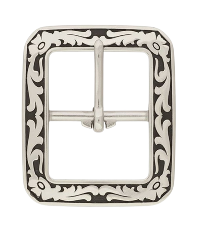 If you need a upgrade for your current belt or want a different look we have a selection of what we call Basic buckles. Stop in our shop in Smyrna, TN, just outside of Nashville. This is a Center bar style with a Western attitude.   Color - Stainless Steel w/ blk accents ,1 1/2" width