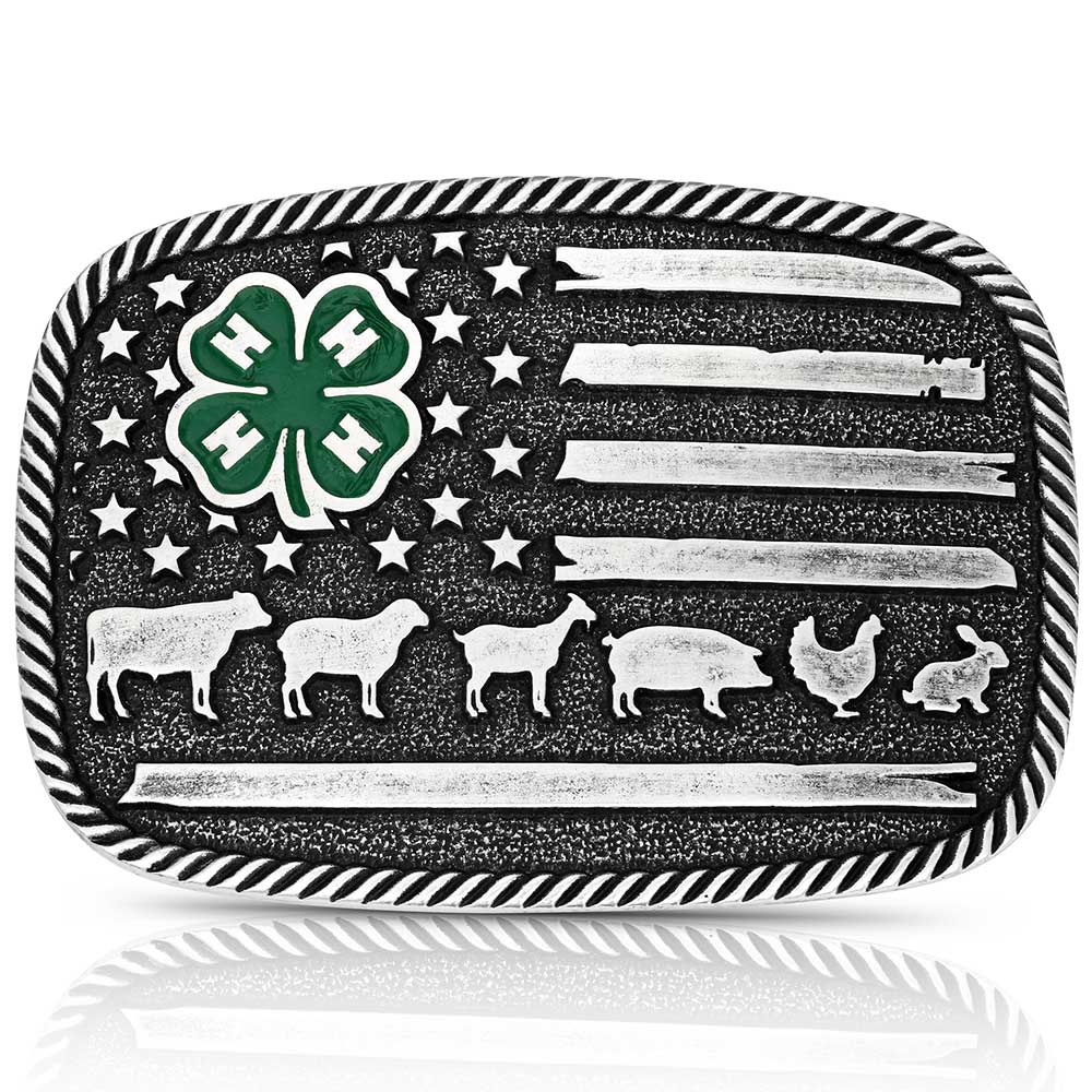 The 4-H Livestock Buckle features a silver toned, square shape with a twisted rope edge. An American flag background displays a green painted 4-H clover among the stars, and finishes with one of the stripes as a line of livestock. Fits 1 1/2" belts and is approx. 3" tall x 4"across. Available at&nbsp;our shop just outside Nashville in Smyrna, TN. Made by Montana Silversmith.

Silver over a white metal alloy. Paint. Montana Armor to prevent tarnish.