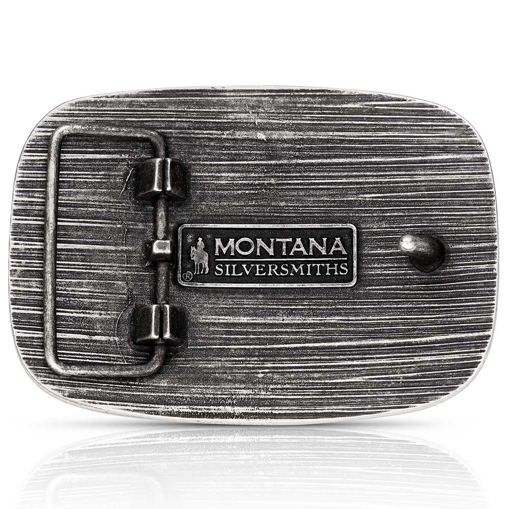 The 4-H Livestock Buckle features a silver toned, square shape with a twisted rope edge. An American flag background displays a green painted 4-H clover among the stars, and finishes with one of the stripes as a line of livestock. Fits 1 1/2" belts and is approx. 3" tall x 4"across. Available at&nbsp;our shop just outside Nashville in Smyrna, TN. Made by Montana Silversmith.

Silver over a white metal alloy. Paint. Montana Armor to prevent tarnish.