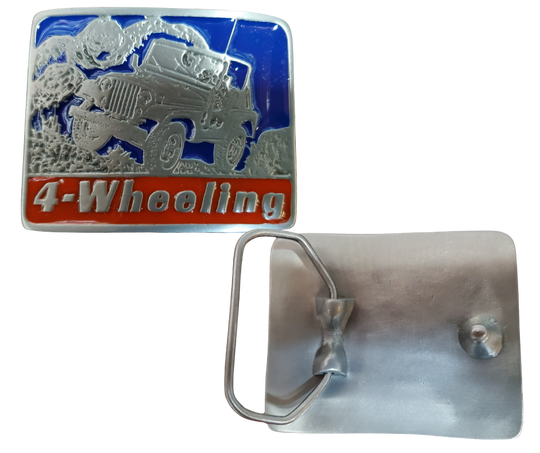 back view - Get in your Off-Road 4 wheeling vehicle and head for the Backcountry. Rectangle shaped belt Buckle, with classic Jeep in Red, Blue on a antique silver background. Size approx. 3 3/4" wide x 2 3/4" height, Fits up to 1 1/2" wide belts. Available in our shop in Smyrna, TN just outside Nashville.