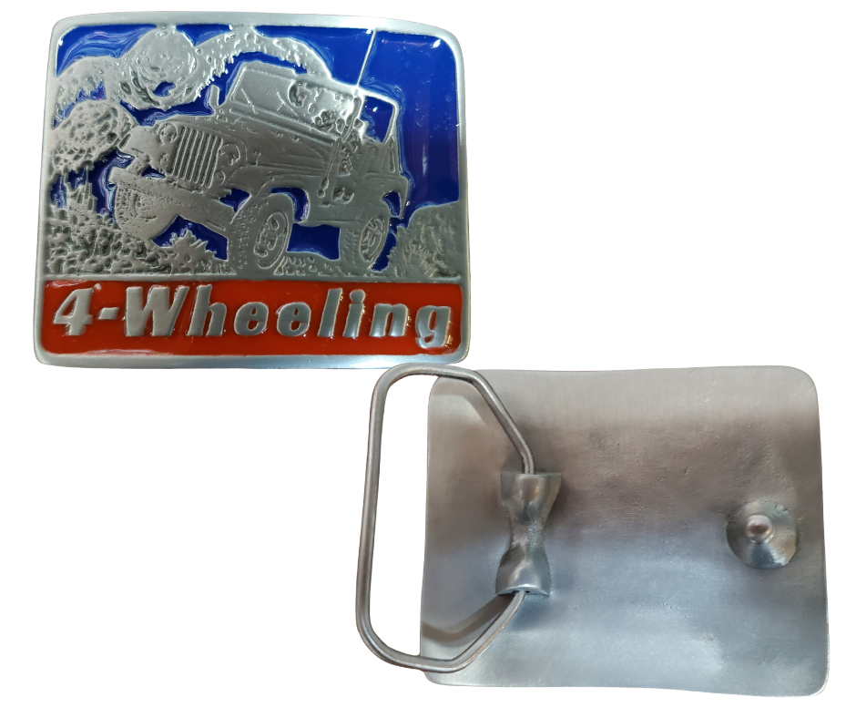 back view - Get in your Off-Road 4 wheeling vehicle and head for the Backcountry. Rectangle shaped belt Buckle, with classic Jeep in Red, Blue on a antique silver background. Size approx. 3 3/4" wide x 2 3/4" height, Fits up to 1 1/2" wide belts. Available in our shop in Smyrna, TN just outside Nashville.