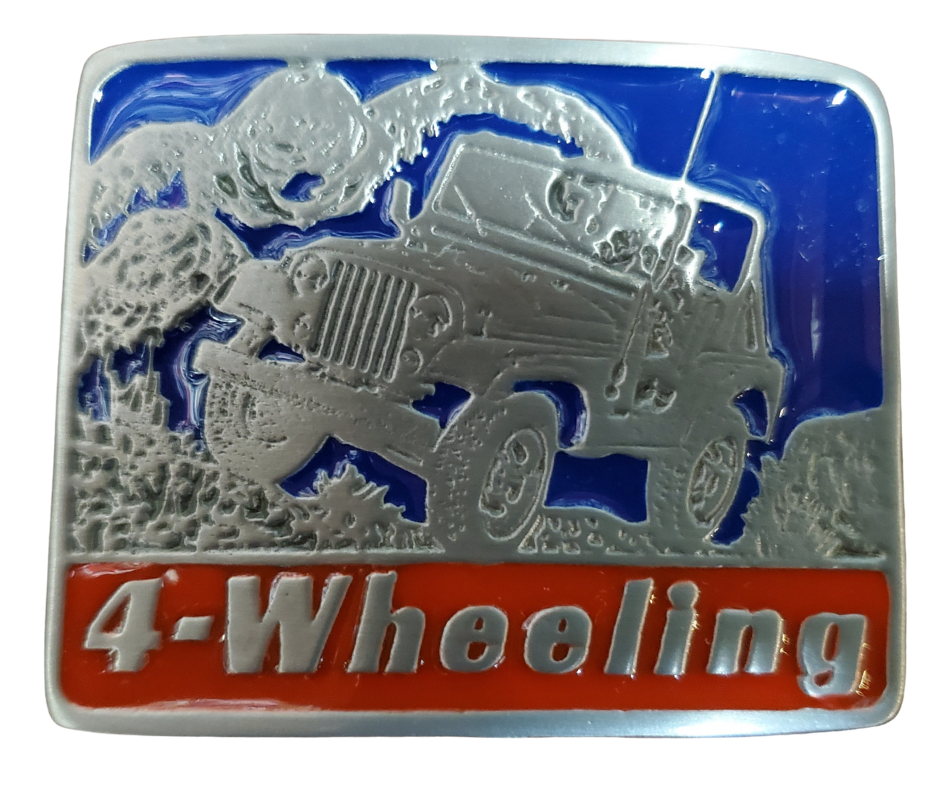 Get in your Off-Road 4 wheeling vehicle and head for the Backcountry. Rectangle shaped belt Buckle, with classic Jeep in Red, Blue on a antique silver background. Size approx. 3 3/4" wide x 2 3/4" height, Fits up to 1 1/2" wide belts. Available in our shop in Smyrna, TN just outside Nashville.