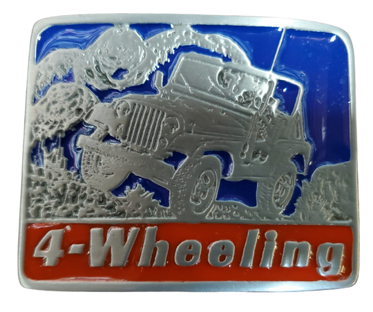 Get in your Off-Road 4 wheeling vehicle and head for the Backcountry. Rectangle shaped belt Buckle, with classic Jeep in Red, Blue on a antique silver background. Size approx. 3 3/4" wide x 2 3/4" height, Fits up to 1 1/2" wide belts. Available in our shop in Smyrna, TN just outside Nashville.