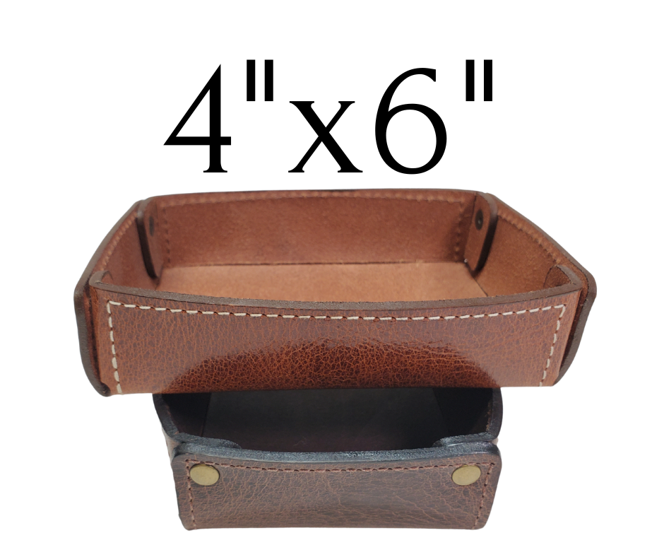 Full 1/8" thick Rectangle Leather Valet tray made in our Smyrna, TN shop. These are our most basic version that we are CLOSING OUT. Very limited stock available. There WILL be some variation from pics in colors. These were Samples and Store Displays. THESE DO NOT COLLASPE like our other valets.