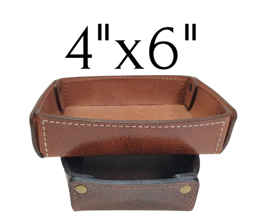 Full 1/8" thick Rectangle Leather Valet tray made in our Smyrna, TN shop. These are our most basic version that we are CLOSING OUT. Very limited stock available. There WILL be some variation from pics in colors. These were Samples and Store Displays. THESE DO NOT COLLASPE like our other valets.