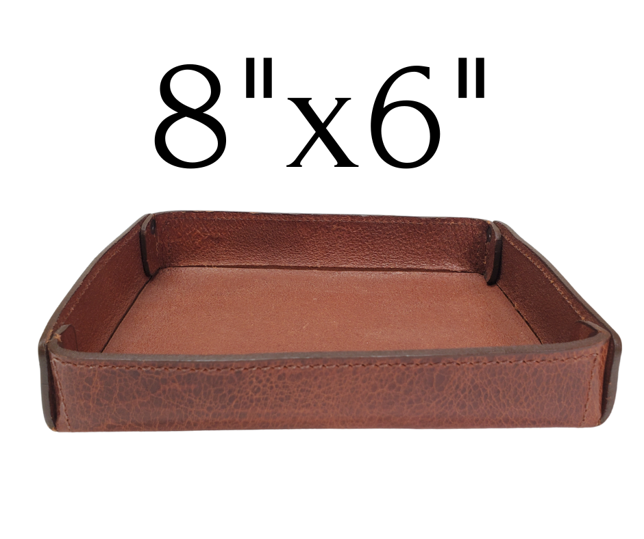 Full 1/8" thick Rectangle Leather Valet tray made in our Smyrna, TN shop. These are our most basic version that we are CLOSING OUT. Very limited stock available. There WILL be some variation from pics in colors. These were Samples and Store Displays. THESE DO NOT COLLASPE like our other valets.