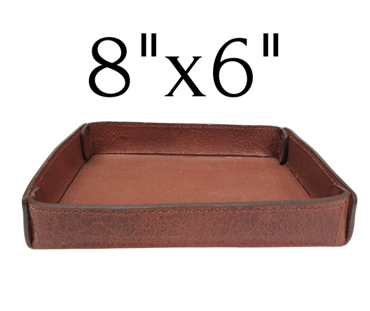 Full 1/8" thick Rectangle Leather Valet tray made in our Smyrna, TN shop. These are our most basic version that we are CLOSING OUT. Very limited stock available. There WILL be some variation from pics in colors. These were Samples and Store Displays. THESE DO NOT COLLASPE like our other valets.