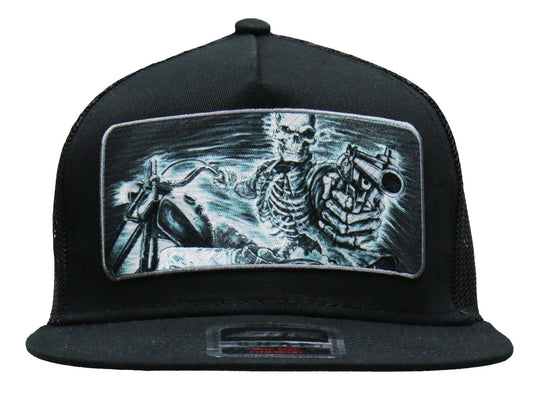 Front view - Assassin Rider Patch flat bill Snap Back Hat. Its a cotton/polyester blend helps the hat hold its shape for long time use. Otto Brand mesh style back hat with a plastic adjustable tab. Ride to our Smyrna, TN shop not far from Murfreesboro.