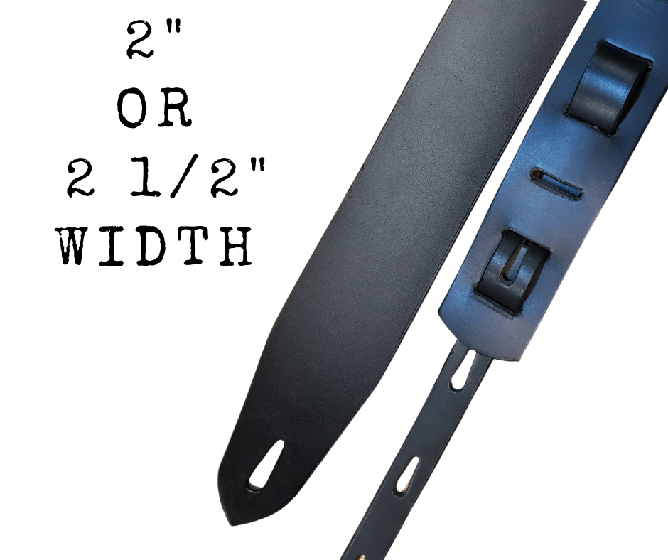 Lower Broadway where so many get their start in the Nashville! Long shifts where you hone your craft and meet players from all backgrounds. "This Basic Black 2" or 2 1/2" wide Guitar Strap is a nod to those playing in the Honky Tonks. The strap is approx. 1/8" thick Cowhide that will after a few gigs will look like your favorite old boots. The classic adjustment style goes from approx. 42" to 56". Made just outside Nashville in our Smyrna, TN. shop.