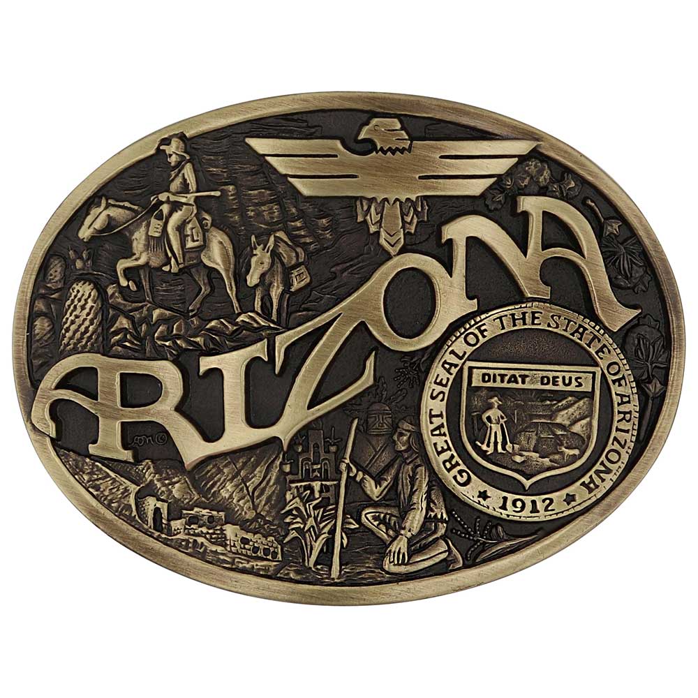 Celebrate Arizona State with this buckle highlighting the life and exploration of man, including a magnificent Thunderbird and the great state seal! Brass plate over a solid cast metal alloy is antiqued and buffed to highlight the details.

Fits 1 1/2" belts and is approx. 3" tall x 4" across. Available at our shop just outside Nashville in Smyrna, TN. Made by Montana Silversmiths.