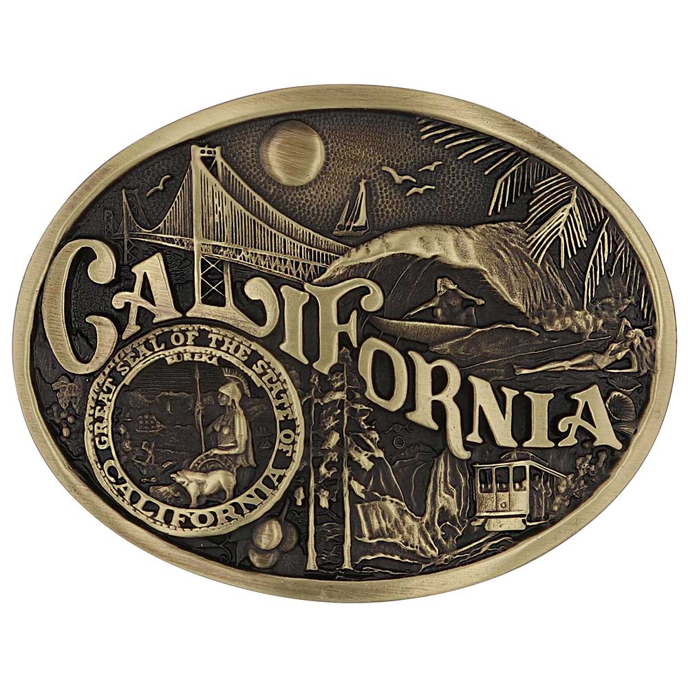 Celebrate California State with this buckle highlighting the sun, sailing, surfing, and sand, the Golden Gate Bridge, mountain trolley, and the great state seal! Brass plate over a solid cast metal alloy is antiqued and buffed to highlight the details.

Fits 1 1/2" belts and is approx. 3" tall x 4" across. Available at our shop just outside Nashville in Smyrna, TN. Made by Montana Silversmiths.