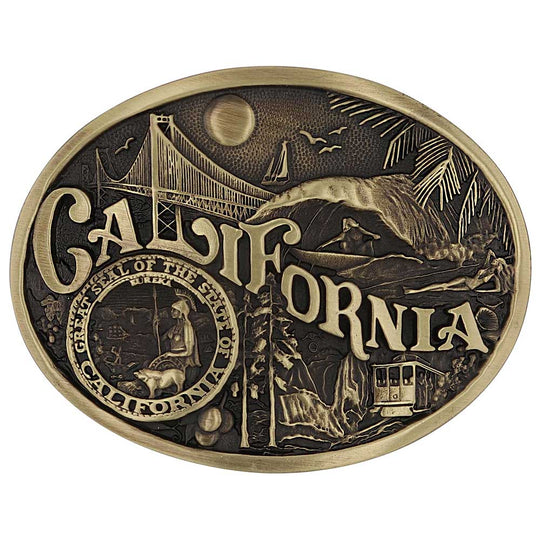 Celebrate California State with this buckle highlighting the sun, sailing, surfing, and sand, the Golden Gate Bridge, mountain trolley, and the great state seal! Brass plate over a solid cast metal alloy is antiqued and buffed to highlight the details.

Fits 1 1/2" belts and is approx. 3" tall x 4" across. Available at our shop just outside Nashville in Smyrna, TN. Made by Montana Silversmiths.