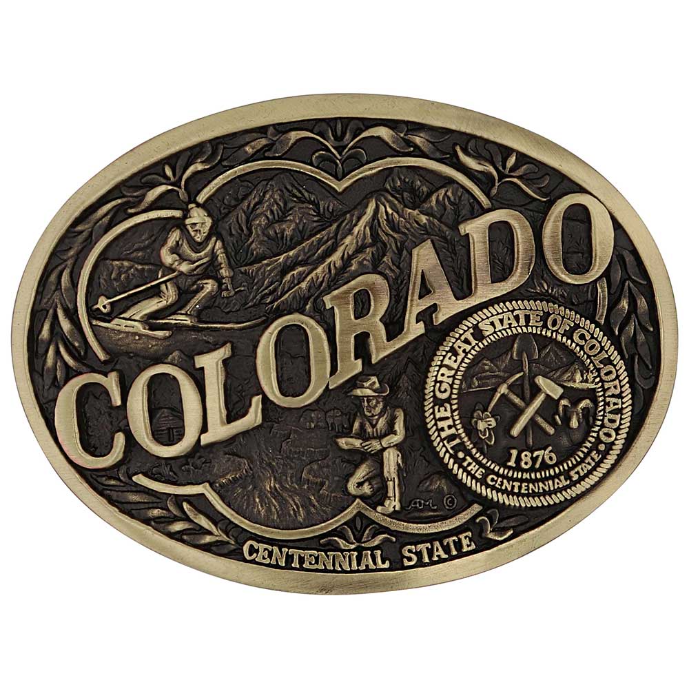 Celebrate Colorado State with this buckle highlighting skiing in the mountains and prospecting for gold motifs, including the great state seal! Brass plate over a solid cast metal alloy is antiqued and buffed to highlight the details.

Fits 1 1/2" belts and is approx. 3" tall x 4" across. Available at our shop just outside Nashville in Smyrna, TN. Made by Montana Silversmiths.
