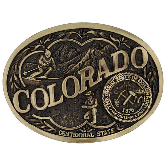 Celebrate Colorado State with this buckle highlighting skiing in the mountains and prospecting for gold motifs, including the great state seal! Brass plate over a solid cast metal alloy is antiqued and buffed to highlight the details.

Fits 1 1/2" belts and is approx. 3" tall x 4" across. Available at our shop just outside Nashville in Smyrna, TN. Made by Montana Silversmiths.