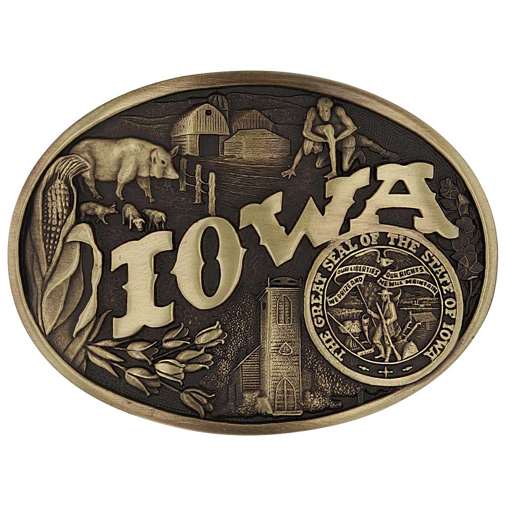 Celebrate Iowa State with this buckle highlighting corn, farming, wrestling, and a church motifs, including the great state seal! Brass plate over a solid cast metal alloy is antiqued and buffed to highlight the details.

Fits 1 1/2" belts and is approx. 3" tall x 4" across. Available at our shop just outside Nashville in Smyrna, TN. Made by Montana Silversmiths.