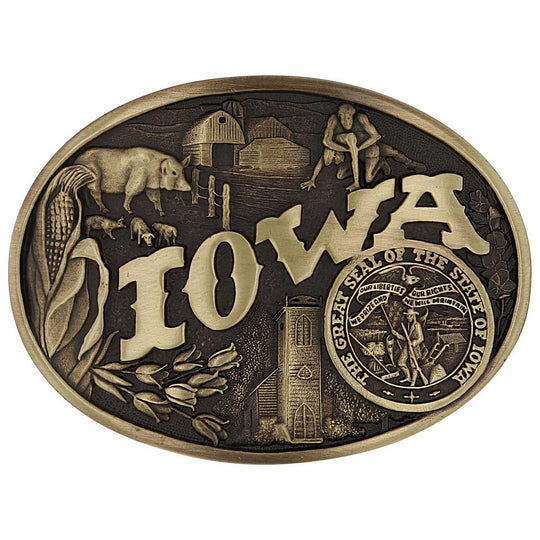 Celebrate Iowa State with this buckle highlighting corn, farming, wrestling, and a church motifs, including the great state seal! Brass plate over a solid cast metal alloy is antiqued and buffed to highlight the details.

Fits 1 1/2" belts and is approx. 3" tall x 4" across. Available at our shop just outside Nashville in Smyrna, TN. Made by Montana Silversmiths.